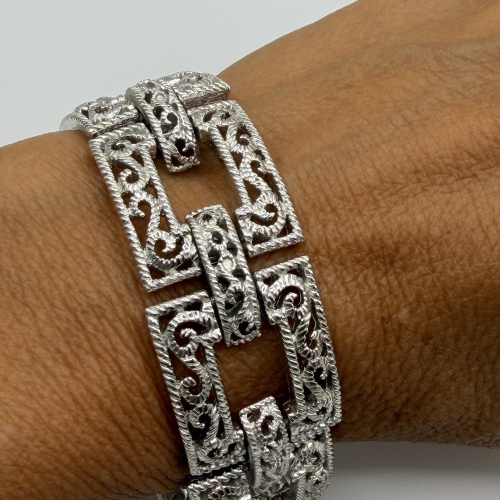 Vintage Crown Trifari Silver Filigree Bracelet Chunky Link Statement Signed 7"